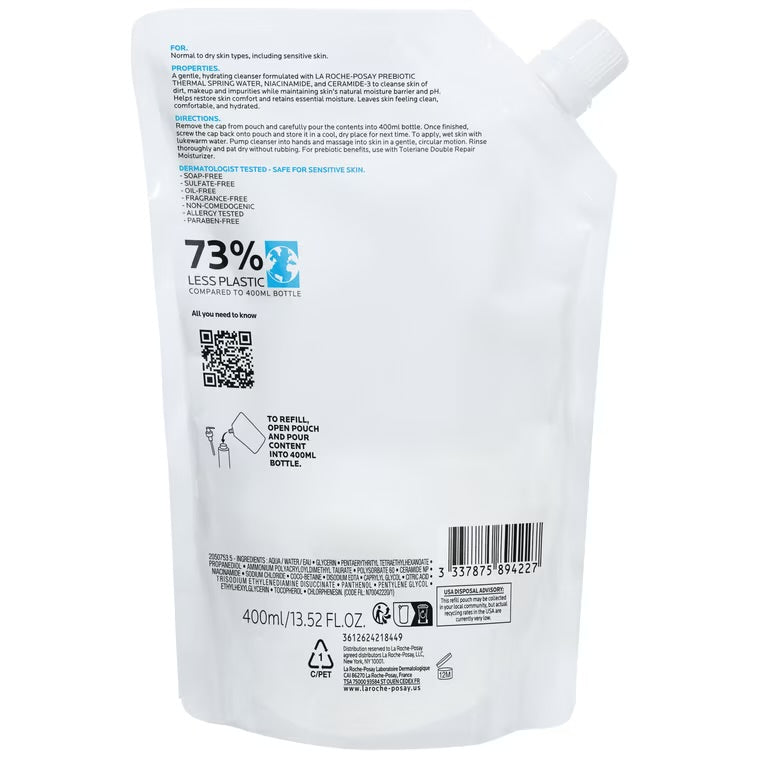 La Roche-Posay Toleriane Hydrating Gentle Facial Cleanser; 13.52fl.oz/400ml Refill Pack; Exp 01/2029