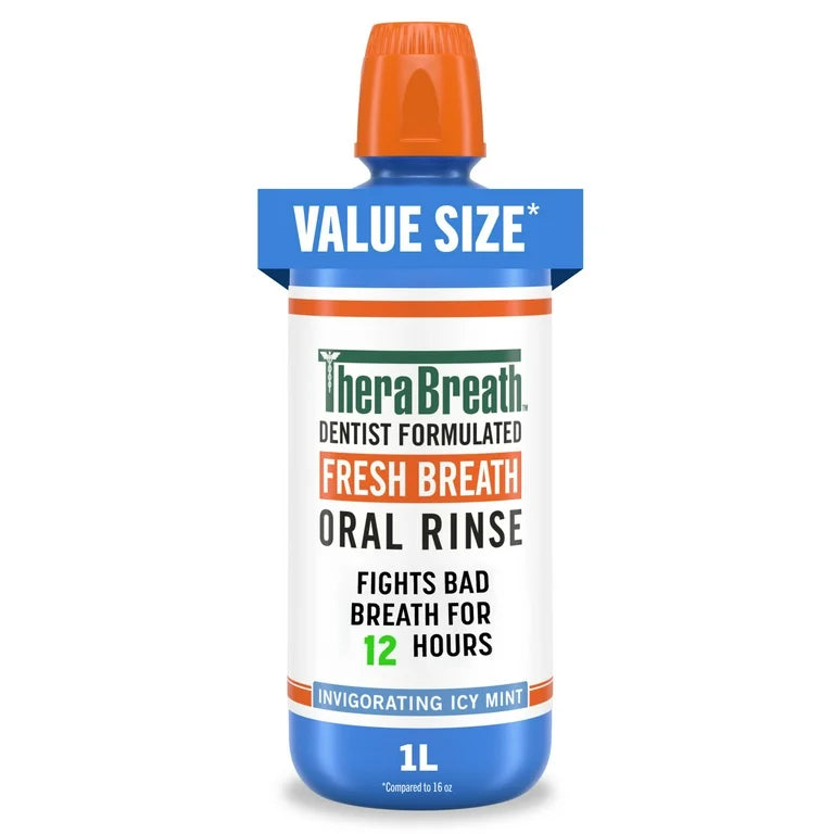 Therabreath Fresh Breath Oral Rinse | Mouth Wash for Bad Breath | Dentist Formulated | Alcohol-Free | 𝟐𝐱 𝐑𝐞𝐠𝐮𝐥𝐚𝐫 𝐒𝐢𝐳𝐞 | Invigorating Icy Mint ~ 33.8fl.oz/1 litre; Exp 08/2028 *𝐁𝐢𝐠 𝐬𝐢𝐳𝐞