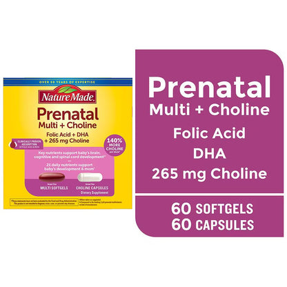 Nature Made Prenatal Multivitamin Softgels + Choline Capsules | Folic Acid + DHA + Choline | 60 Day Supply; Exp 08/2025