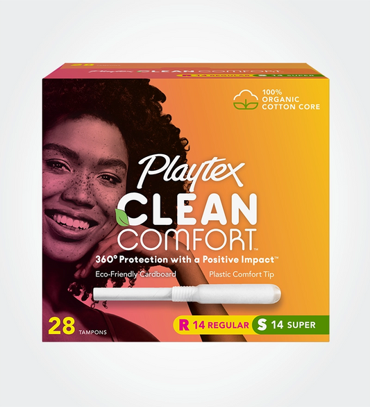 Playtex Clean Comfort Organic Cotton  Core Tampons Multipack (14 Regular / 14 Super Absorbency) | Fragrance-Free | 28 Tampons