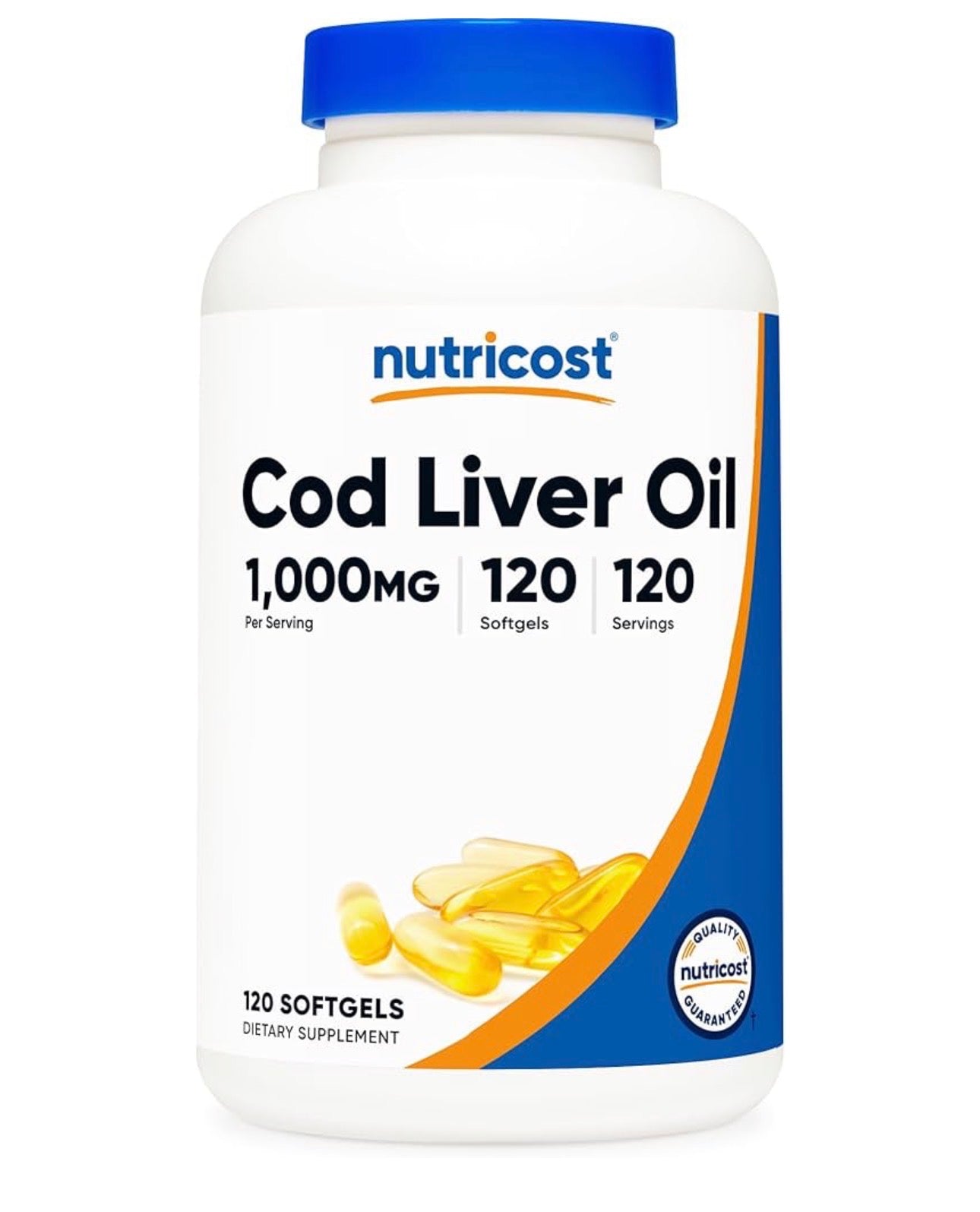 Nutricost Cod Liver Oil | Promotes Bone, Skin Health, Vision Support & Immune System Function w/High Absorption Vitamin A | 120 Softgels; Exp 07/2028