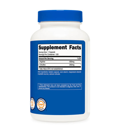 Nutricost L-Arginine (500mg) L-Citrulline (250mg) Complex | Integral to Protein Metabolism & Utilization and Maintenance of Muscle Tissue |120 Capsules; Exp 05/2028