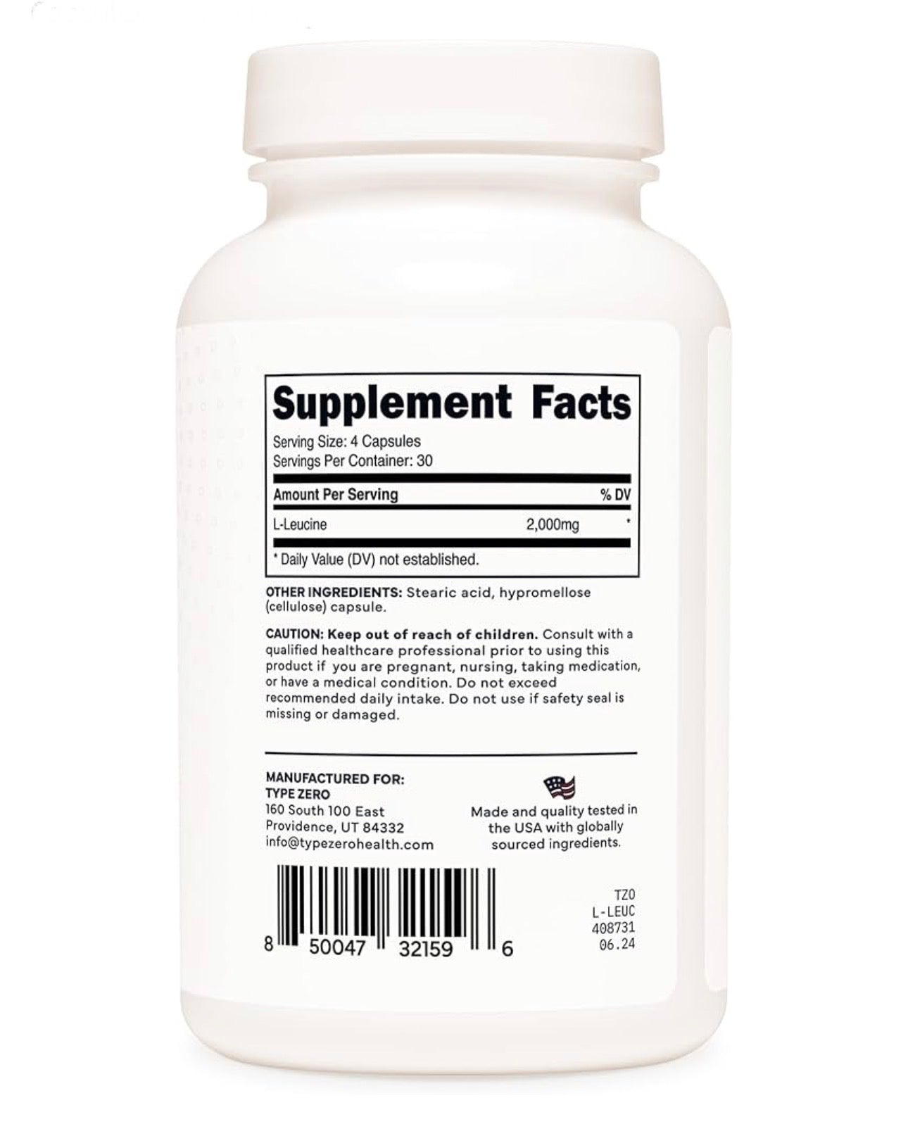 TypeZero L-Leucine 2000mg | Increases Muscle Growth & Lean Body Mass | 120 Capsules; Exp 08/2027
