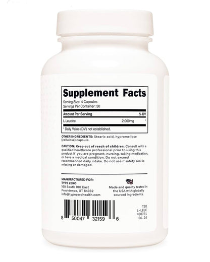 TypeZero L-Leucine 2000mg | Increases Muscle Growth & Lean Body Mass | 120 Capsules; Exp 08/2027