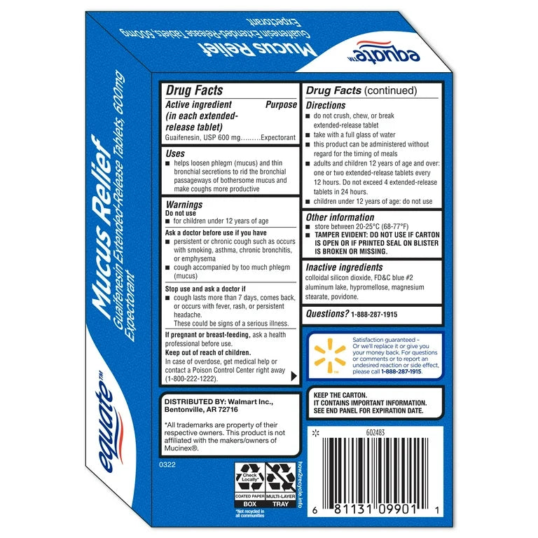 Equate Mucus Relief Guaifenesin 600mg | Extended-Release | Relieves Chest Congestion, Thins & Loosens Mucus | Similar to Mucinex | 20 Tablets; Exp 04/2027