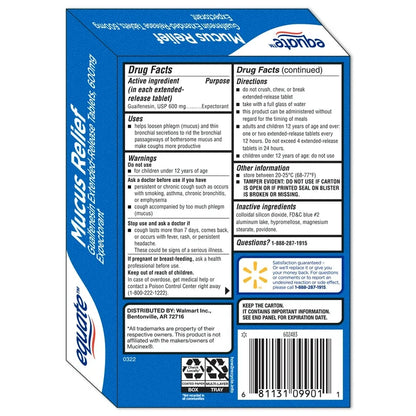 Equate Mucus Relief Guaifenesin 600mg | Extended-Release | Relieves Chest Congestion, Thins & Loosens Mucus | Similar to Mucinex | 20 Tablets; Exp 04/2027