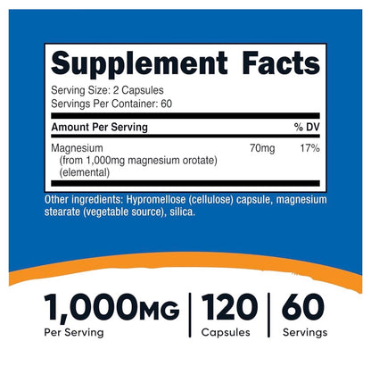 Nutricost Magnesium Orotate 1000mg | Optimal Absorption | Helps Maintain Bone Health, Muscle & Nerve Function | 120 Capsules; Exp 08/2028