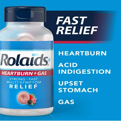 Rolaids Heartburn + Gas Antacid | Calcium Carbonate 1000mg + Magnesium Hydroxide 200mg + Simethicone 40mg | Berry Flavor ~ 60 Chewable Tablets; Exp 09/2026