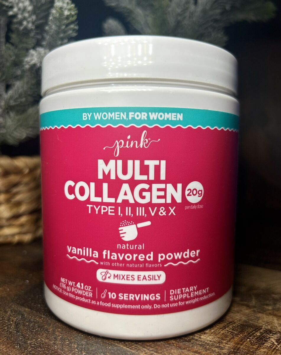 Pink Multi Collagen Peptide Powder | 20g Collagen Peptide Types 1,2,3,5 & 10 | Vanilla Flavored 4.1oz/116g Exp 10/2026