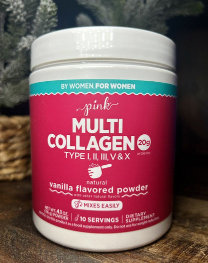 Pink Multi Collagen Peptide Powder | 20g Collagen Peptide Types 1,2,3,5 & 10 | Vanilla Flavored 4.1oz/116g Exp 10/2026