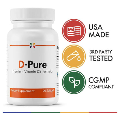 Stop Aging Now D-Pure Vitamin D 3 125mcg (5000 IU) with Safflower Oil | 90 Day Supply | Supports Hormone, Muscle, Teeth, Bone, Heart & Immune | 90 Softgels; Exp 09/2025
