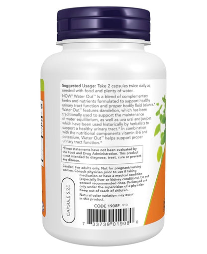NOW Water Out | With Standardized Uva Ursi, Dandelion, Potassium and Vitamin B-6 | Supports Healthy Urinary Tract Function & Proper Bodily Fluid Balance | 100 Capsules; Exp 07/2029