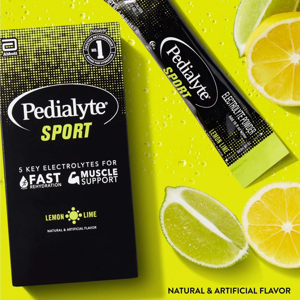 Pedialyte Sport Electrolyte Powder | 5 Key Electrolytes for Fast Hydration & Muscle Support | Lemon Lime Flavor~6 Packets; Exp 08/2025