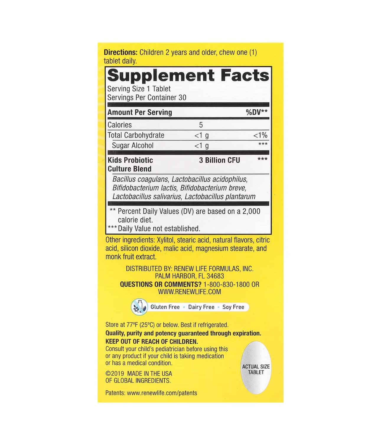 RenewLife Ultimate Flora Kids Probiotic | 3 Billion Live Cultures; 6 Strains | Supports Kids' Immune Health | Helps Reduce Occasional Digestive Upsets | Berry-licious Flavor~ 30 Chewable Tablets; Exp 04/2026