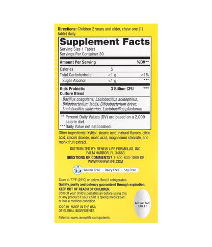 RenewLife Ultimate Flora Kids Probiotic | 3 Billion Live Cultures; 6 Strains | Supports Kids' Immune Health | Helps Reduce Occasional Digestive Upsets | Berry-licious Flavor~ 30 Chewable Tablets; Exp 04/2026