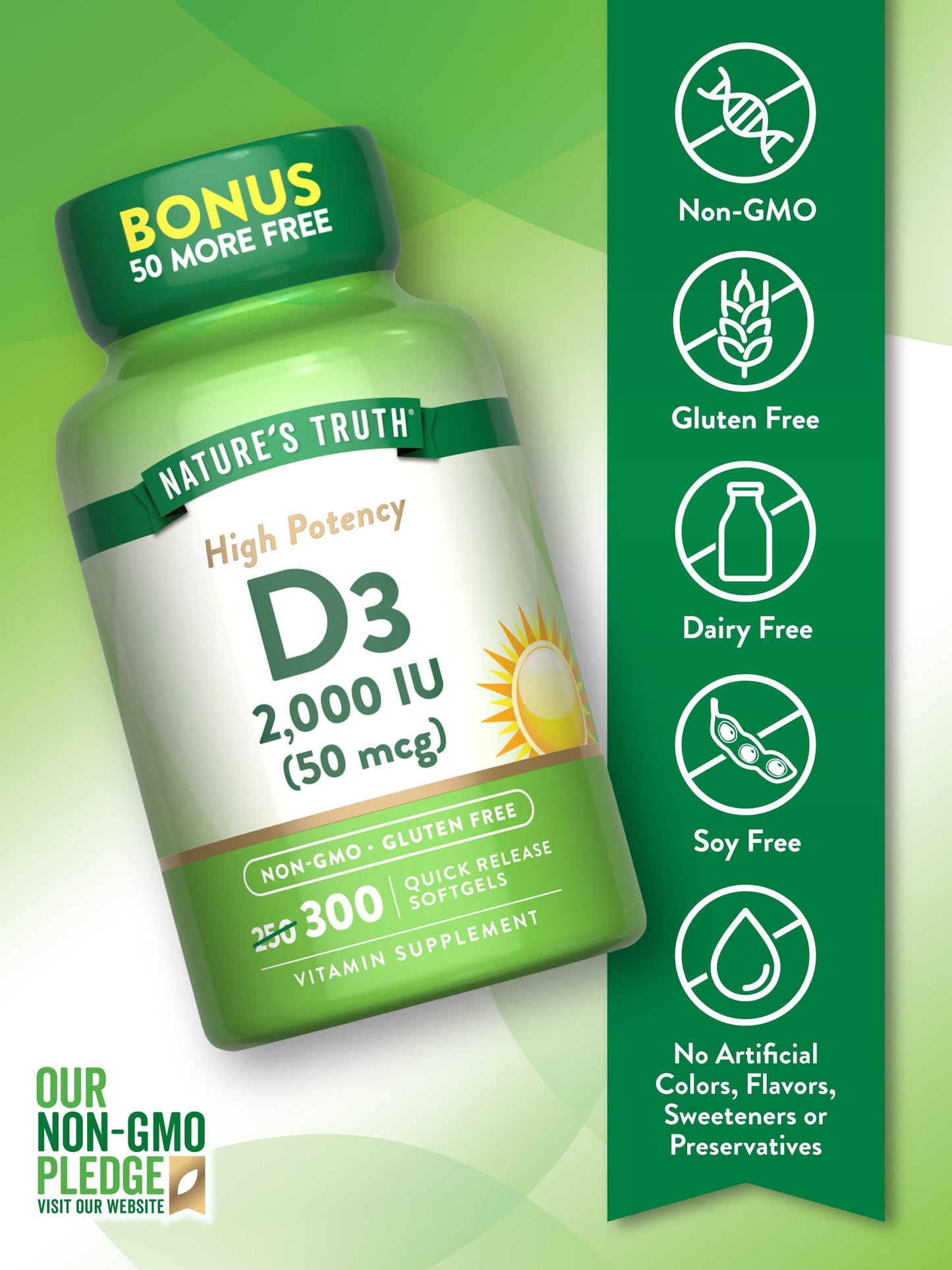 Nature's Truth Vitamin D3 2000iu (50 mcg) | High Potency | Supports Immune System, Hormone Health, Bone & Joint Health | 300 Quick Release Softgels Exp 06/2027