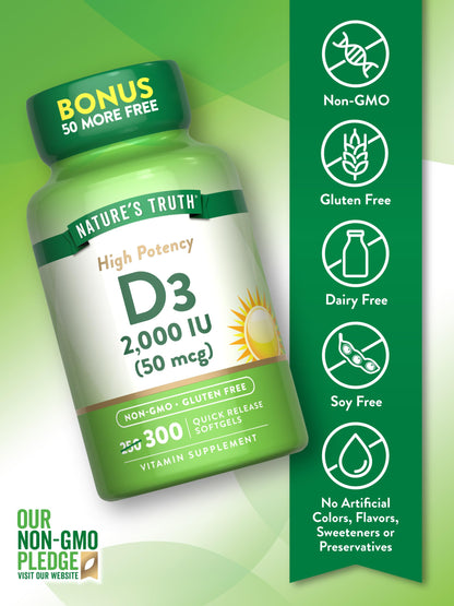 Nature's Truth Vitamin D3 2000iu (50 mcg) | High Potency | Supports Immune System, Hormone Health, Bone & Joint Health | 300 Quick Release Softgels Exp 06/2027