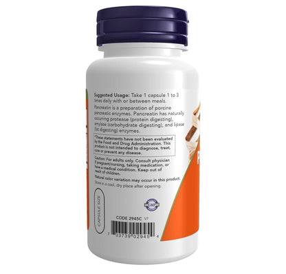 NOW Pancreatin 2000mg (Porcine) with Naturally Occurring Enzymes ~ Protease (Digests Protein), Amylase (Digests Carbohydrate) & Lipase (Digests Fat) | 100 Capsules; Exp 11/2029