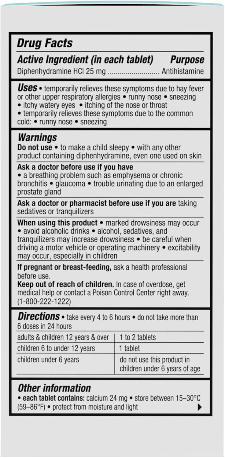 Cabinet: Diphenhydramine 25mg Allergy Relief Antihistamine Tablets | for Allergies, Hay Fever and Runny Nose | (Refillable Glass Bottle) 120 Tablets; Exp 11/2025