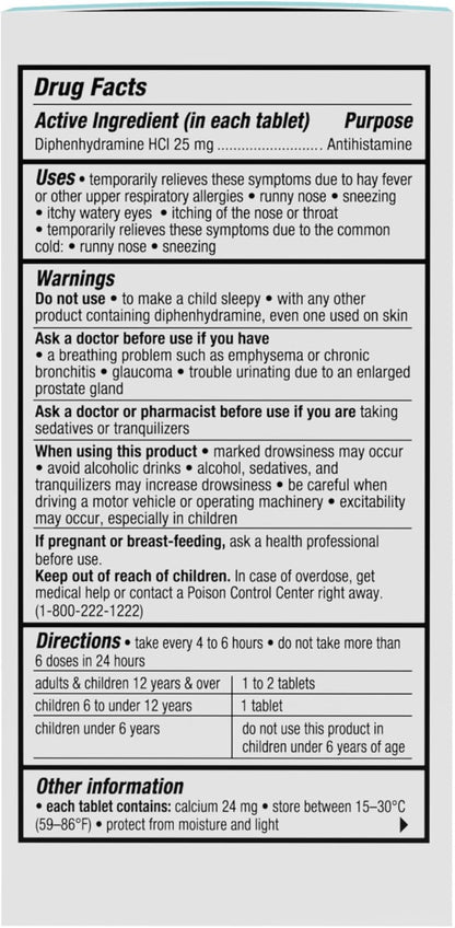 Cabinet: Diphenhydramine 25mg Allergy Relief Antihistamine Tablets | for Allergies, Hay Fever and Runny Nose | (Refillable Glass Bottle) 120 Tablets; Exp 11/2025