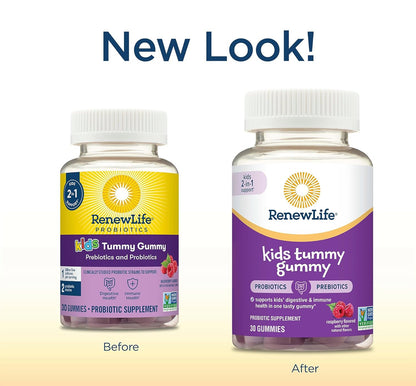 Renew Life Kids Tummy Gummy Prebiotic and Probiotic | 1 Billion CFU | Daily Support for Digestive and Immune Health | B. Coagulans and B. Subtilis | Dairy, Soy and gluten-free | Raspberry Flavor~30 Gummies; Exp 11/2025