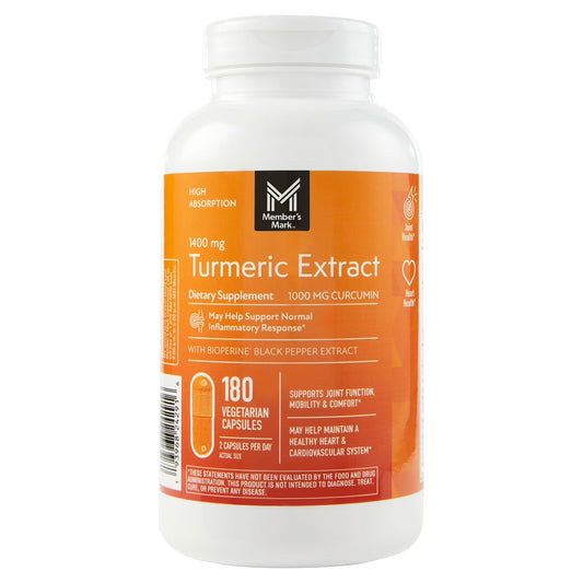 Member's Mark 1400mg Turmeric Extract with Bioperine | 1000mg Curcumin | Relieves Joint Inflammation & pain | 180 Capsules; Exp 11/2027