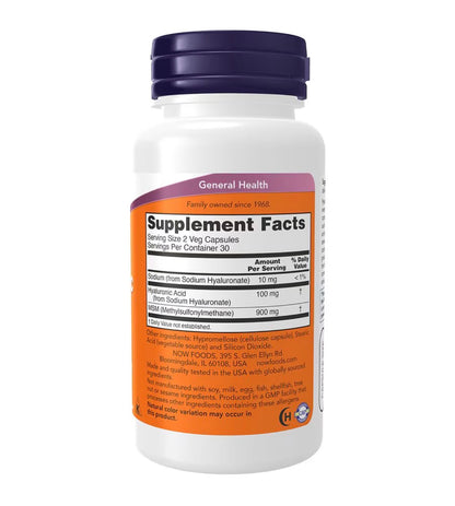 NOW Hyaluronic Acid 50mg with MSM | Joint Support | 60 Capsules; Exp 03/2030