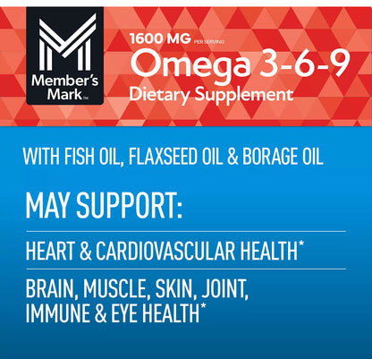 Member’s Mark Omega 3-6-9 1600mg | with Fish Oil, Borage and FlaxSeed Oils | Supports Heart, Brain, Muscle, Skin, Joint, Immune & Health | For Proper Nervous System Function | 325 Softgels; Exp 10/2026