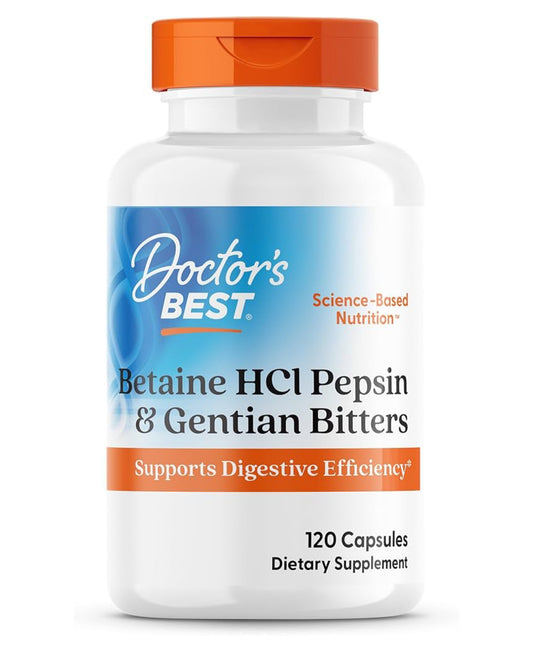 Doctor's Best Betaine HCl (hydrochloride) 650mg | with Pepsin & Gentian Bitters | Digestive Enzymes for Protein Breakdown & Absorption | 120 Capsules; Exp 06/2026 *New Look