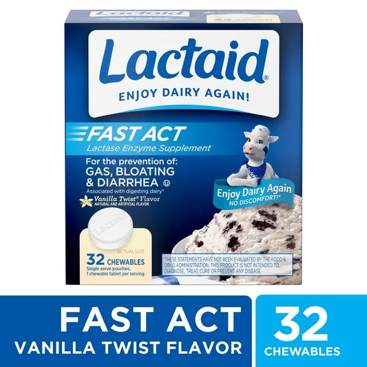 Lactaid Fast Act Lactase Enzymes | For The Prevention of Gas, Bloating, & Diarrhea Associated with Digesting Dairy | Vanilla Twist Flavor ~ 32 Chewable Tablets; Exp 11/2028