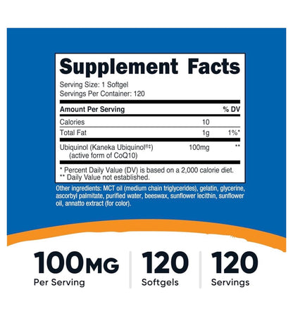 Nutricost Ubiquinol 100 mg - Superior Absorption Kaneka Ubiquinol | Active Form of CoQ10 | 120 Softgels; Exp 07/2028