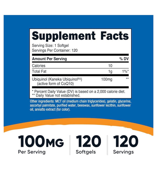 Nutricost Ubiquinol 100 mg - Superior Absorption Kaneka Ubiquinol | Active Form of CoQ10 | 120 Softgels; Exp 03/2029