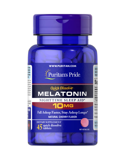 Puritan’s Pride Melatonin 10 mg | Drug-Free Sleep Aid | Cherry Flavor | 45 Quick Dissolve Tablets; Exp 09/2027