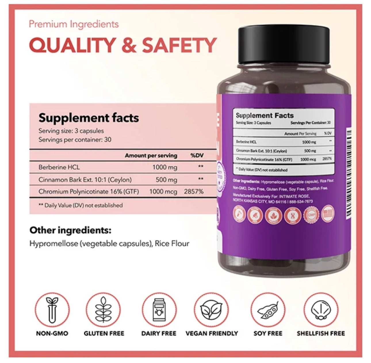 Intimate Rose Berberine + Ceylon Cinnamon & Chromium GTF | Berberine HCL 1000 mg, Ceylon Cinnamon Extract (10:1) 500 mg, Chromium Polynicotinate 1000 mcg | 90 Capsules; Exp 10/2027