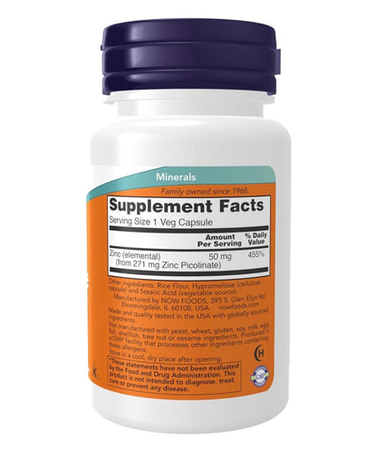 NOW Zinc Picolinate 50mg | Supports Enzyme Functions & Hormone Balance | Immune Support | 60 Capsules; Exp 03/2031