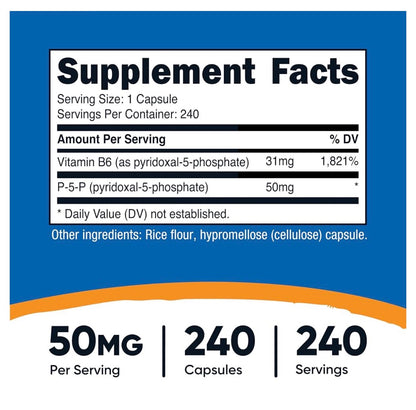 Nutricost 50mg P-5-P (Pyridoxal-5-Phosphate) Coenzymated Vitamin B6 | P5P 50mg Per Capsule | 240 Capsules; Exp 03/2029
