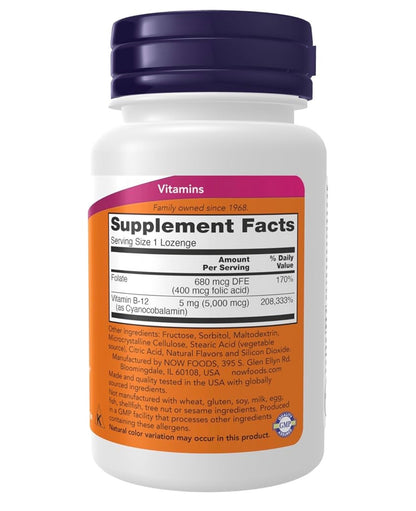 NOW Vitamin B12 5,000mcg with Folic Acid | Cyanocobalamin + Folate | Supports Nervous System Health | 60 Lozenges; Exp 12/2028