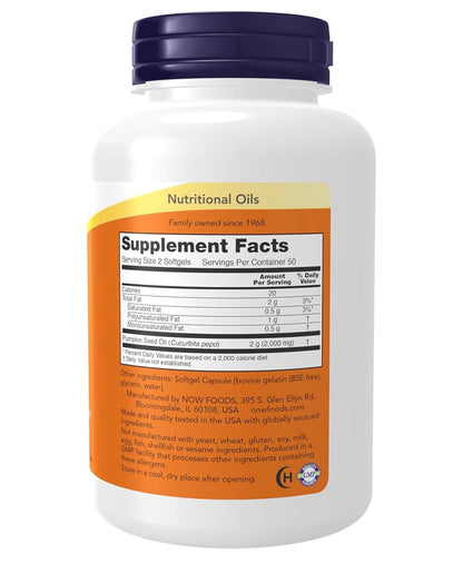 NOW Pumpkin Seed Oil 1000 mg |with Essential Fatty Acids & Phytosterols | Cold Pressed | 100 Softgels; Exp 03/2028