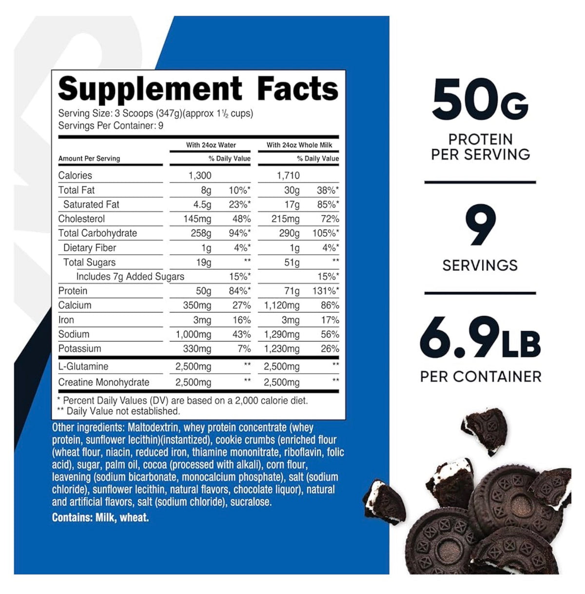 Nutricost Mass Gainer Powder with Creatine (2500mg) and L-Glutamine (2500) | 50 Grams of Protein & 1300 Calories Per Serving | Cookies N Cream Flavor ~6.9 lbs/3.124kg; Exp 05/2029