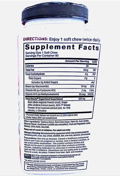 Force Factor Total Beets Soft Chews with Beetroot, Nitrates, L-Citrulline, Grapeseed Extract, & Antioxidants | Supports Heart Health Energy, Metabolism | Superfood | Açai Berry Flavor ~ 90 Soft Chews; Exp 03/2028