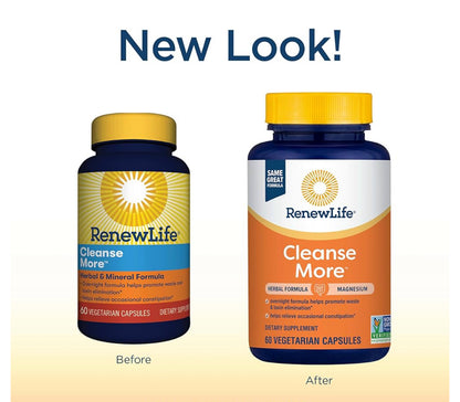 RenewLife Cleanse More | Herbal Formula with Magnesium for Overnight Occasional Constipation Relief | Helps Promote Waste and Toxin Elimination | 60 Capsules; Exp 01/2026
