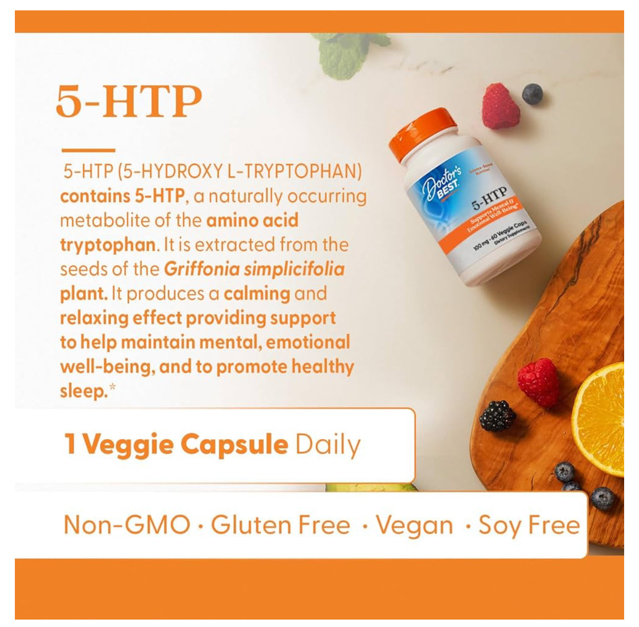 Doctor's Best 5-HTP  (5-hydroxy L-tryptophan) 100 mg | Promotes Healthy Sleep | 60 Capsules; Exp 02/2027