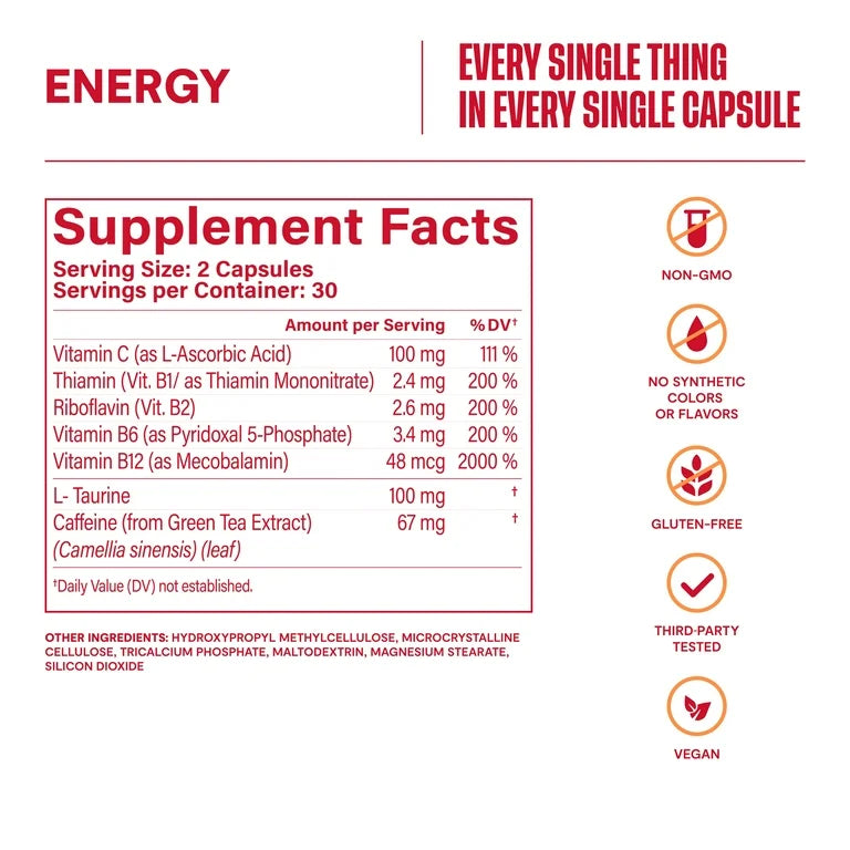 HABIT Energy Supplement | Supports Mental Alertness & Focus | with Green Tea Extract, Vitamins B1, B2, B6, B12 & C, L-Taurine 60 Capsules; Exp 01/2027