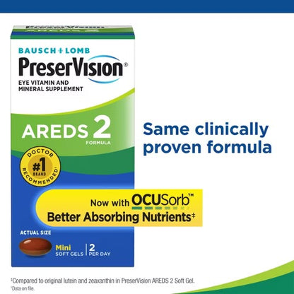 PreserVision AREDS 2 (By Bausch + Lomb) | Eye Vitamin & Mineral Supplement | 45 Day Supply | Contains Lutein, Vitamin C, Zeaxanthin, Copper, Zinc & Vitamin E | 90 Mini Softgels; Exp 09/2025