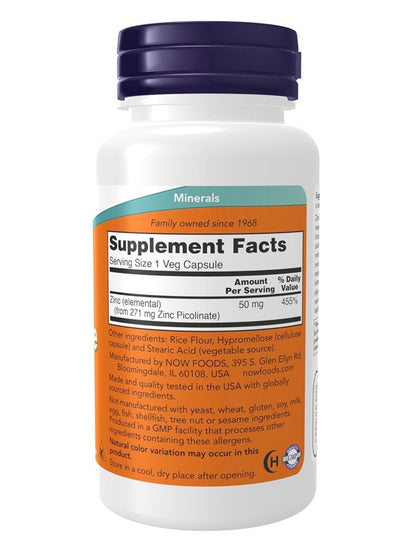NOW Zinc Picolinate 50mg | Supports Enzyme Functions & Hormone Balance | Immune Support | 120 Capsules; Exp 06/2031