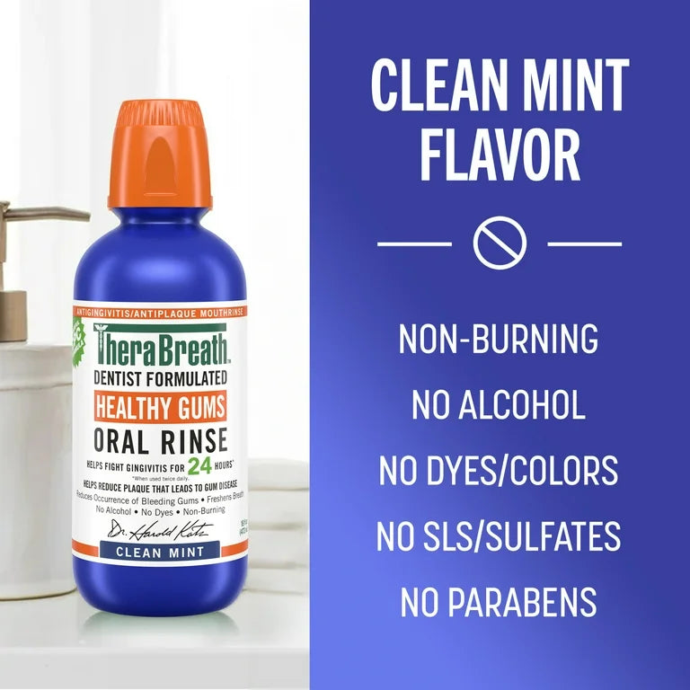 TheraBreath Healthy Gums Antigingivitis Oral Rinse Mouth Wash | Protects from Plaque & Tartar | Alcohol-Free | Clean Mint, 33.8 fl.oz/1 Litre; Exp 10/2026