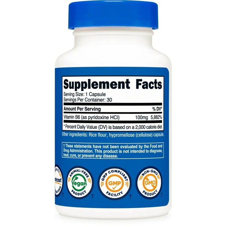 Nutricost Vitamin B6 100mg | Supports Energy Metabolism and Healthy Nervous System Function | 30 Capsules; Exp 02/2028