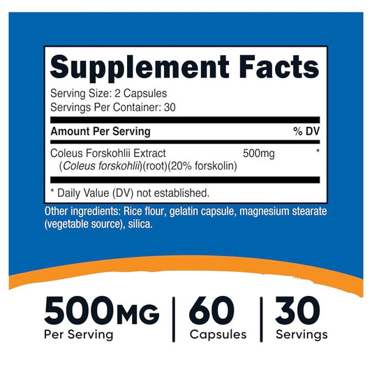 Nutricost Coleus Forskohlii Root Extract 500mg | 20% Forskolin | Encourages Healthy Fat Metabolism
& Healthy Skin Cell Division | Maximum Strength Formula | 60 Capsules; Exp 02/2028