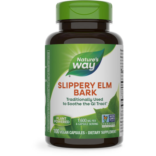 Nature's Way Slippery Elm Bark 400mg | Helps Coat & Soothe Gastrointestinal (GI) Tract | Helps with Acid Reflux | 100 Capsules Exp 02/2029 (New Look)