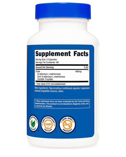 Nutricost SAM-e 400mg (S-Adenosyl-L-Methionine) | Supports Mood, Liver & Cognition | Supports Joint Comfort & Mobility | Helps Facilitate Glutathione Usage | 120 Capsules; Exp 10/2028